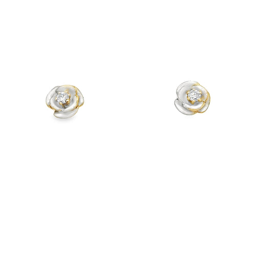 18ct Yellow Gold, White Enameled & Diamond 'Tudor-Rose' Studs